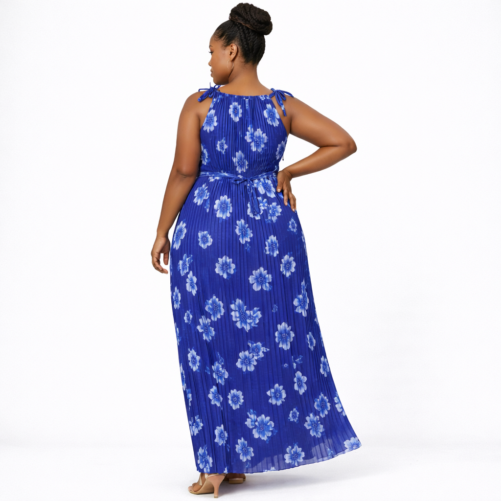 Blue Floral Pleated Sleeveless Long Gown